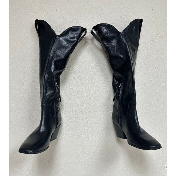 Women’s Sam Edelman Black Leather Tall Western Boots – Square Toe Zip Style - Picture 7 of 8